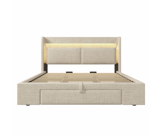 Cama estofada 180x200 - armazenamento hidráulico, cabeceira com compartimento, led, usb/usb-c - bege