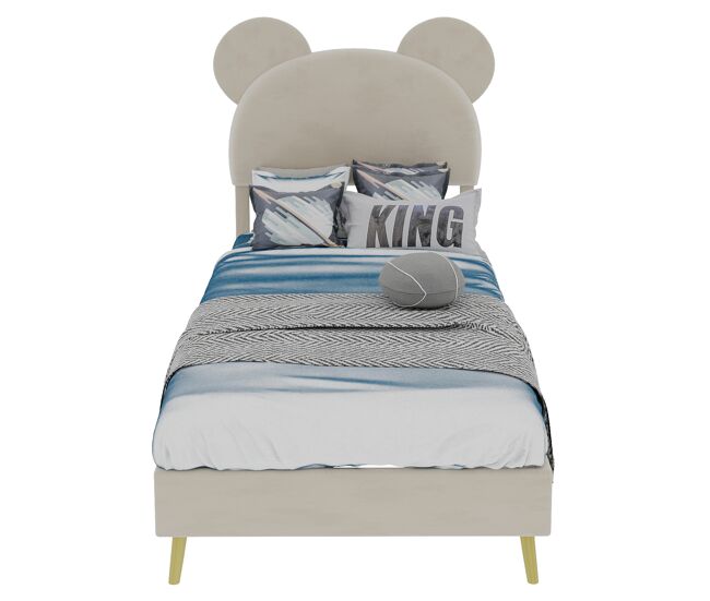 Cama estofada minimalista 90x200 - cabeceira cartoon, base baixa, sem arrumação - bege