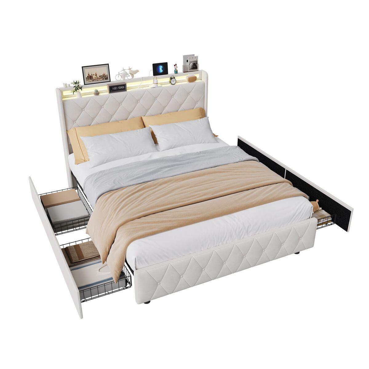 Cama de casal 160x200 com gavetas, cama de adulto, cama estofada, estrado de ripas, iluminação led, carregamento usb,bege