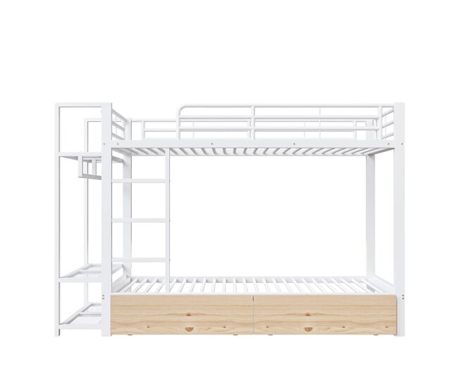 Beliche 90x200 cm - estrutura em ferro, 2 gavetas, prateleiras, led, barra para roupa - branco