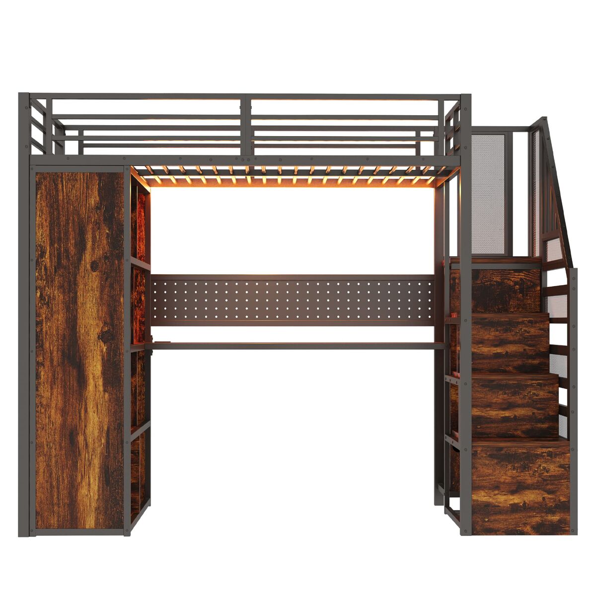 Cama alta metálica 90x200 cm - com armário, secretária, led e tomadas - preta