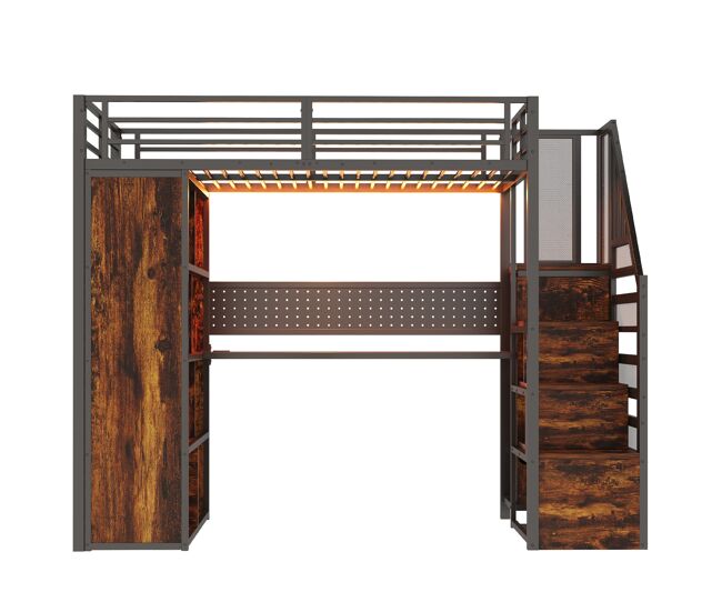 Cama alta metálica 90x200 cm - com armário, secretária, led e tomadas - preta