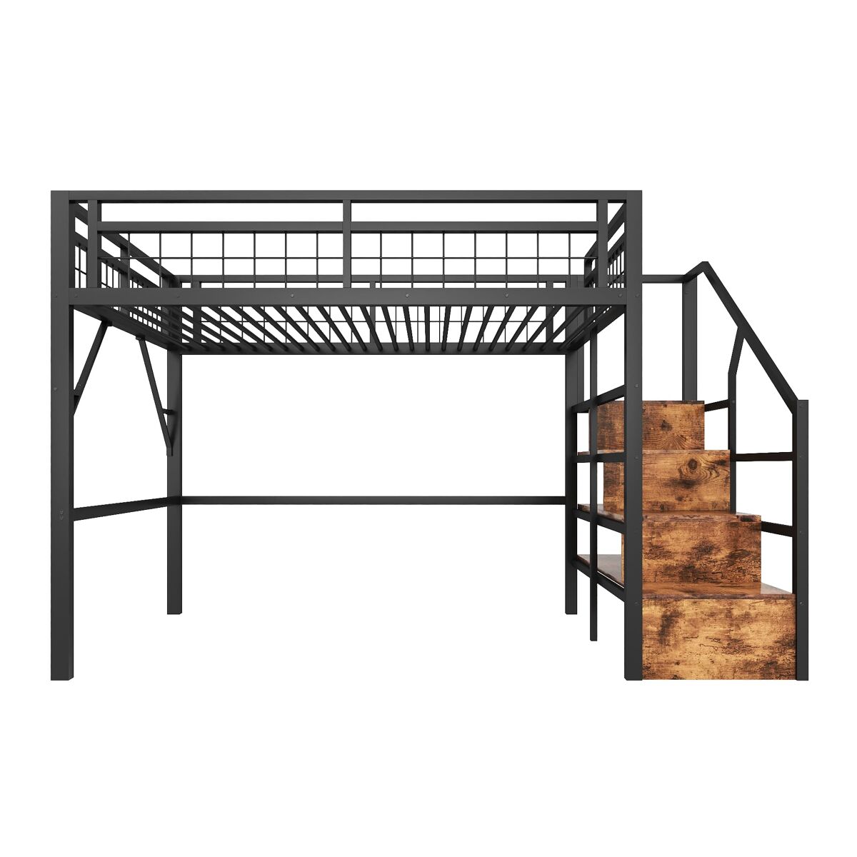 Cama alta 140x200 - estrutura em ferro, led, escadas com arrumação, espaço livre - noir