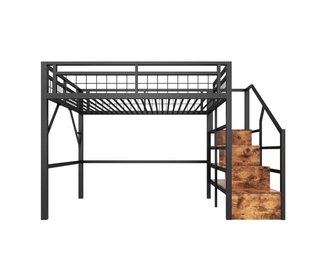 Cama alta 140x200 - estrutura em ferro, led, escadas com arrumação, espaço livre - noir