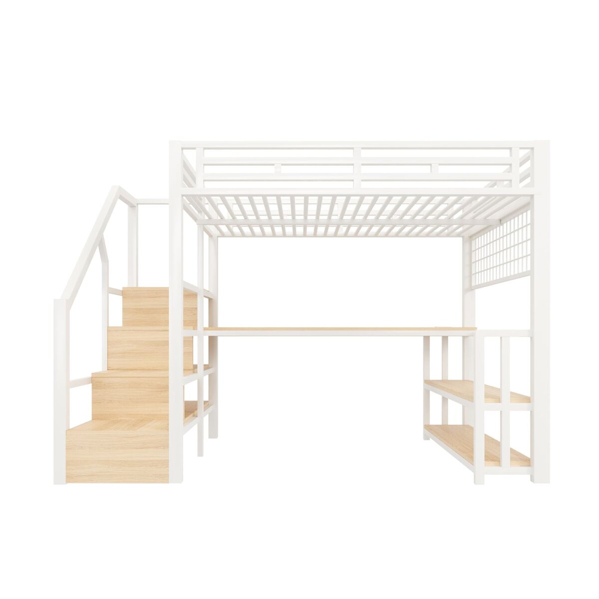 Beliche alto 140x200 - estrutura metálica, estante, secretária, led, usb, tipo-c - branco