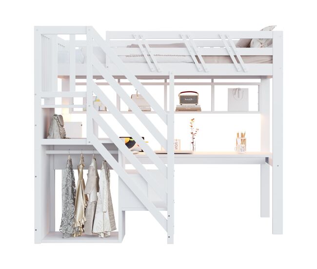 Cama individual 90x200 - escada com armário, secretária, usb e luz led - branco