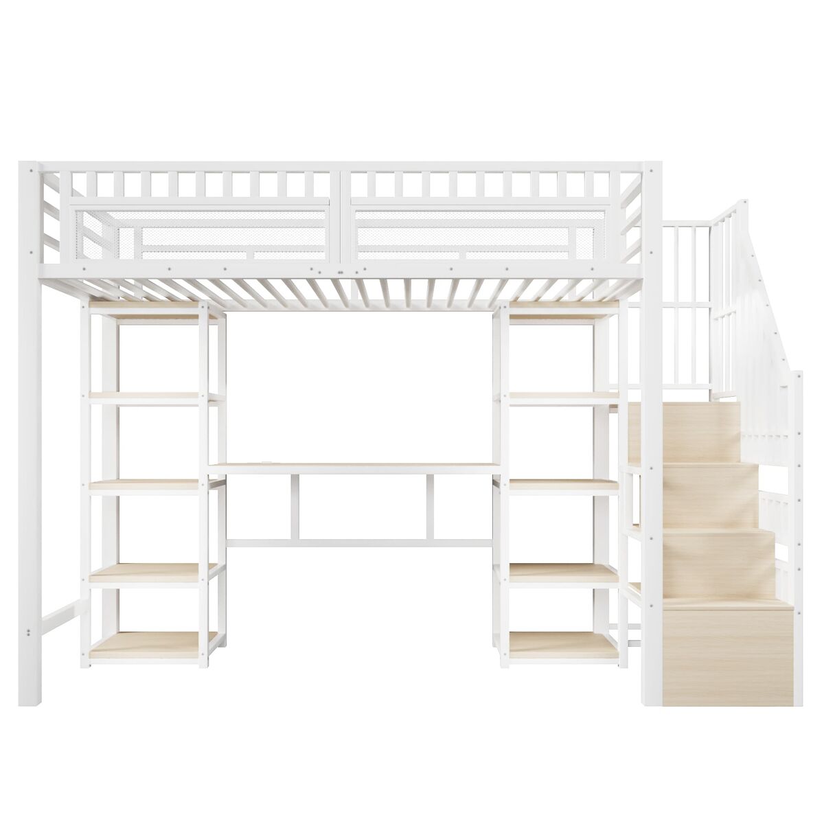Cama alta 90x200 cm - estrutura em metal, secretária, prateleiras, led, usb, sem colchão - branco