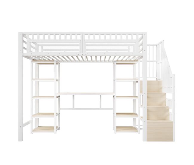 Cama alta 90x200 cm - estrutura em metal, secretária, prateleiras, led, usb, sem colchão - branco