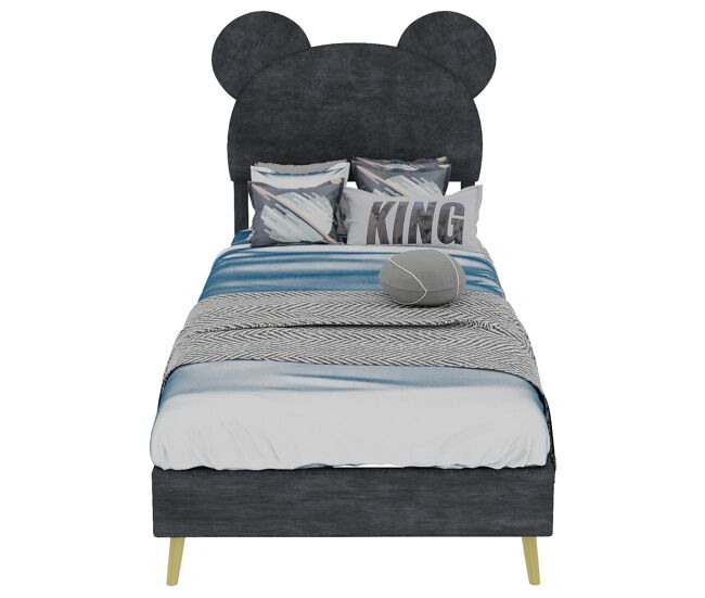 Cama infantil estofada 90x200 - cabeceira macia com desenhos animados, base baixa sem arrumação - cinza