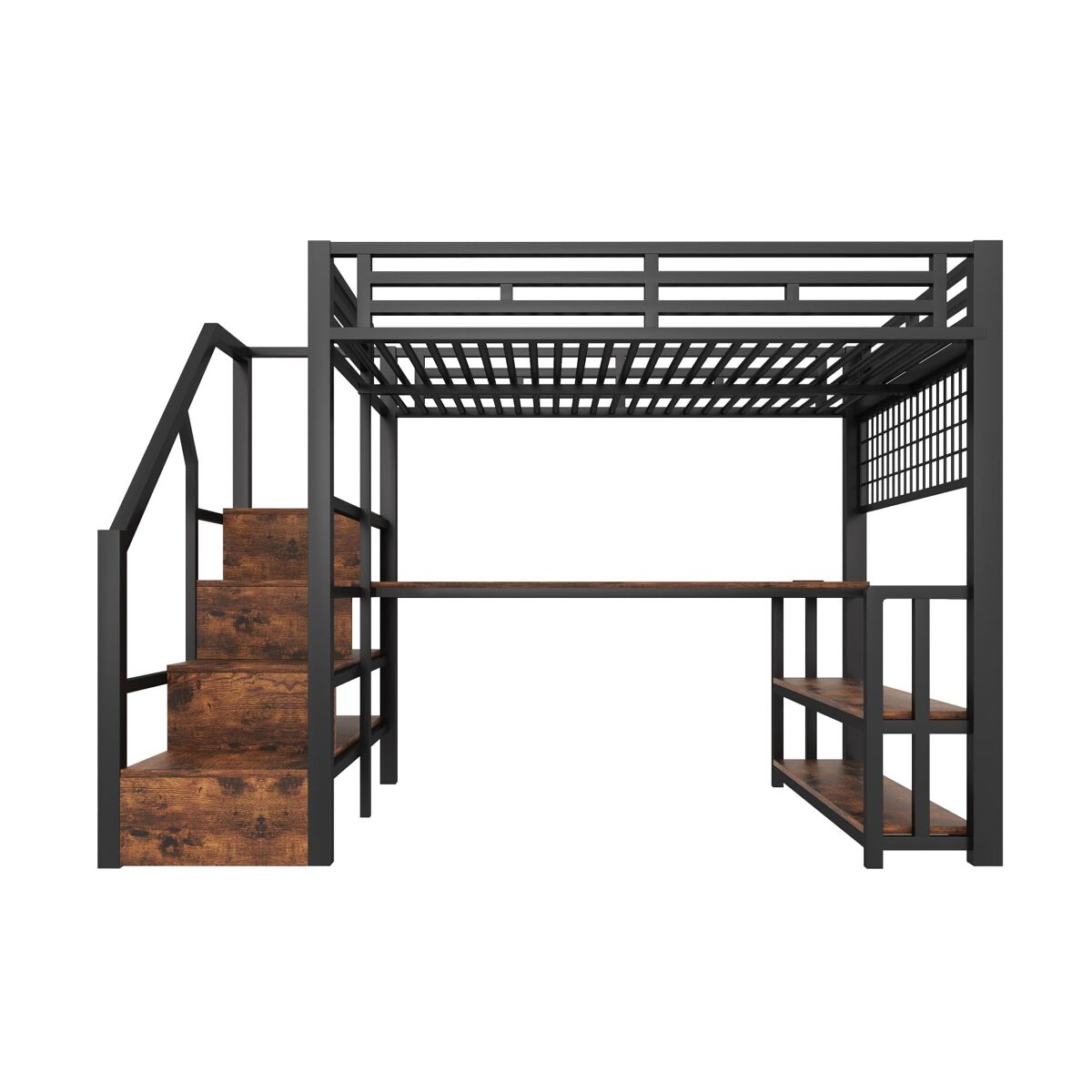 Cama alta 140x200 cm - estrutura em ferro, secretária, led, estante, usb/tipo-c - preto