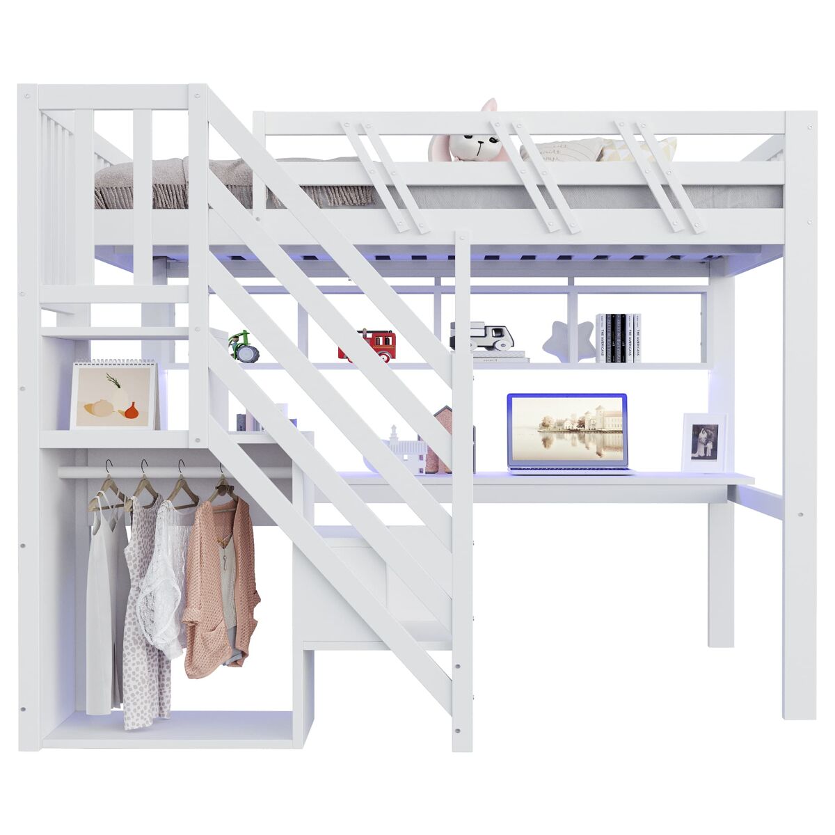 Cama alta 140x200 - secretária, escada com arrumação, led e usb - branco