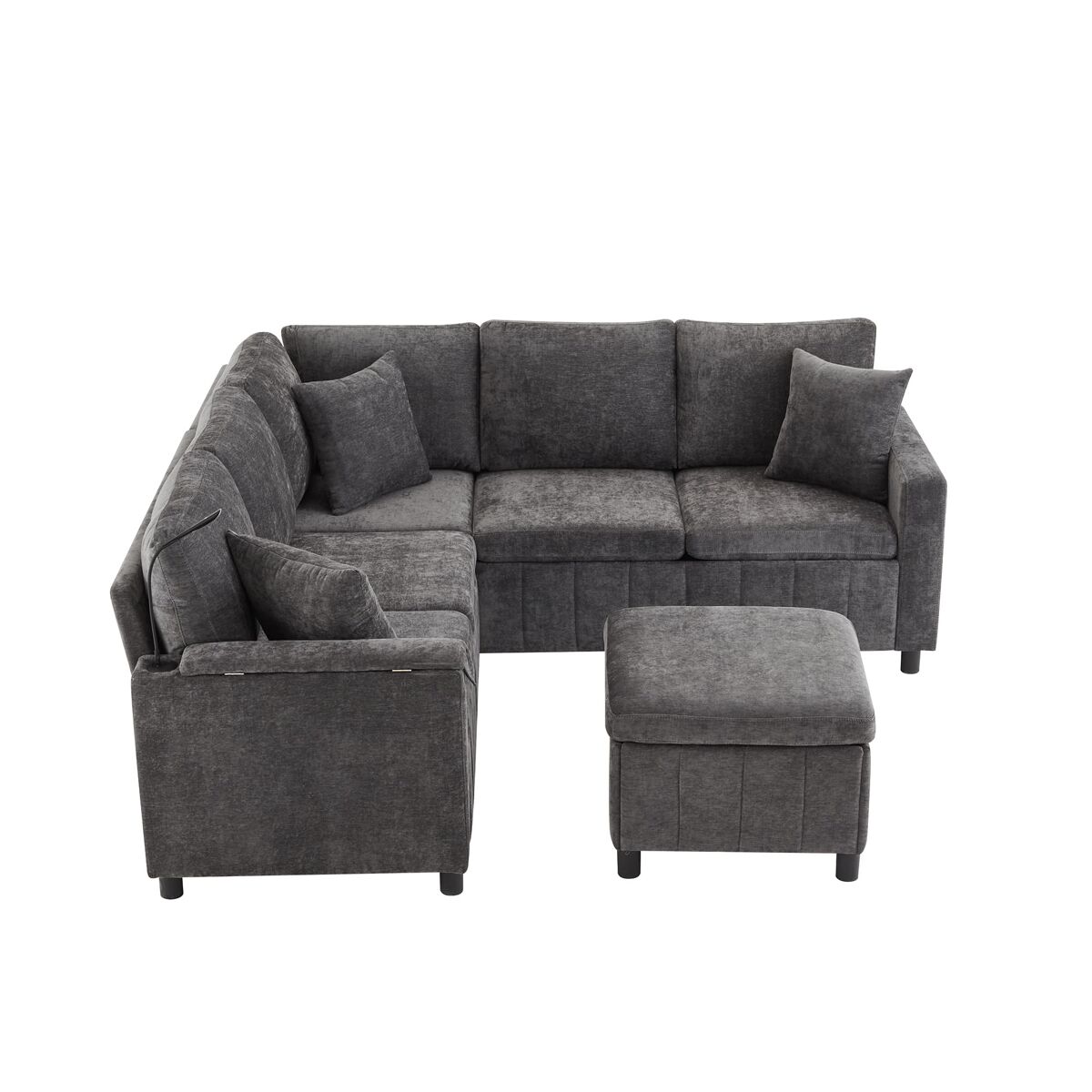 Sofá de canto para 4 pessoas 205x205 cm - chenille, cama, pufe, candeeiro, usb/type-c, mesa oculta - cinza