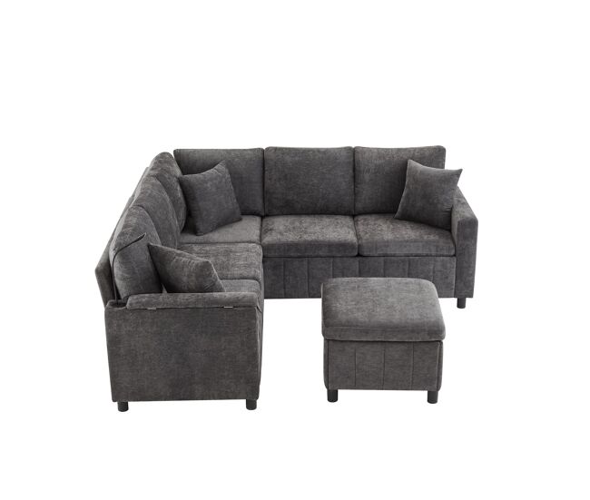 Sofá de canto para 4 pessoas 205x205 cm - chenille, cama, pufe, candeeiro, usb/type-c, mesa oculta - cinza