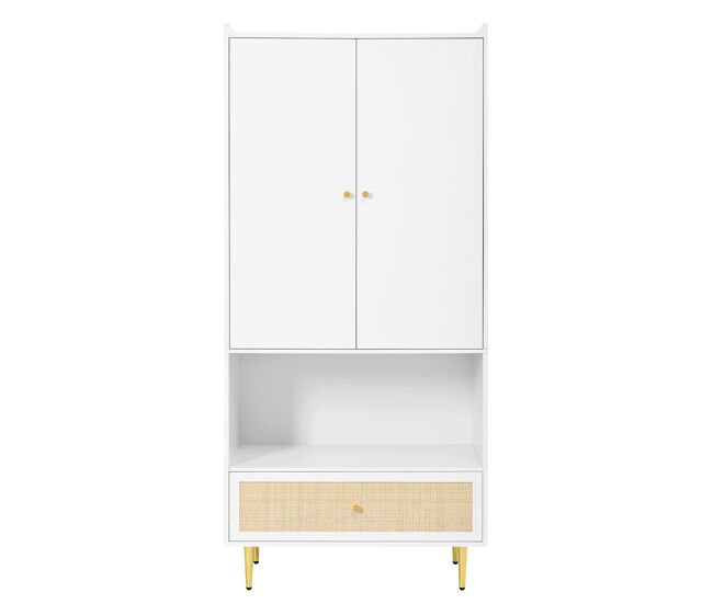 Armário 80x48x175 cm - 2 portas, gaveta em rattan, barra para roupas, pés e puxadores metálicos - natural+branco