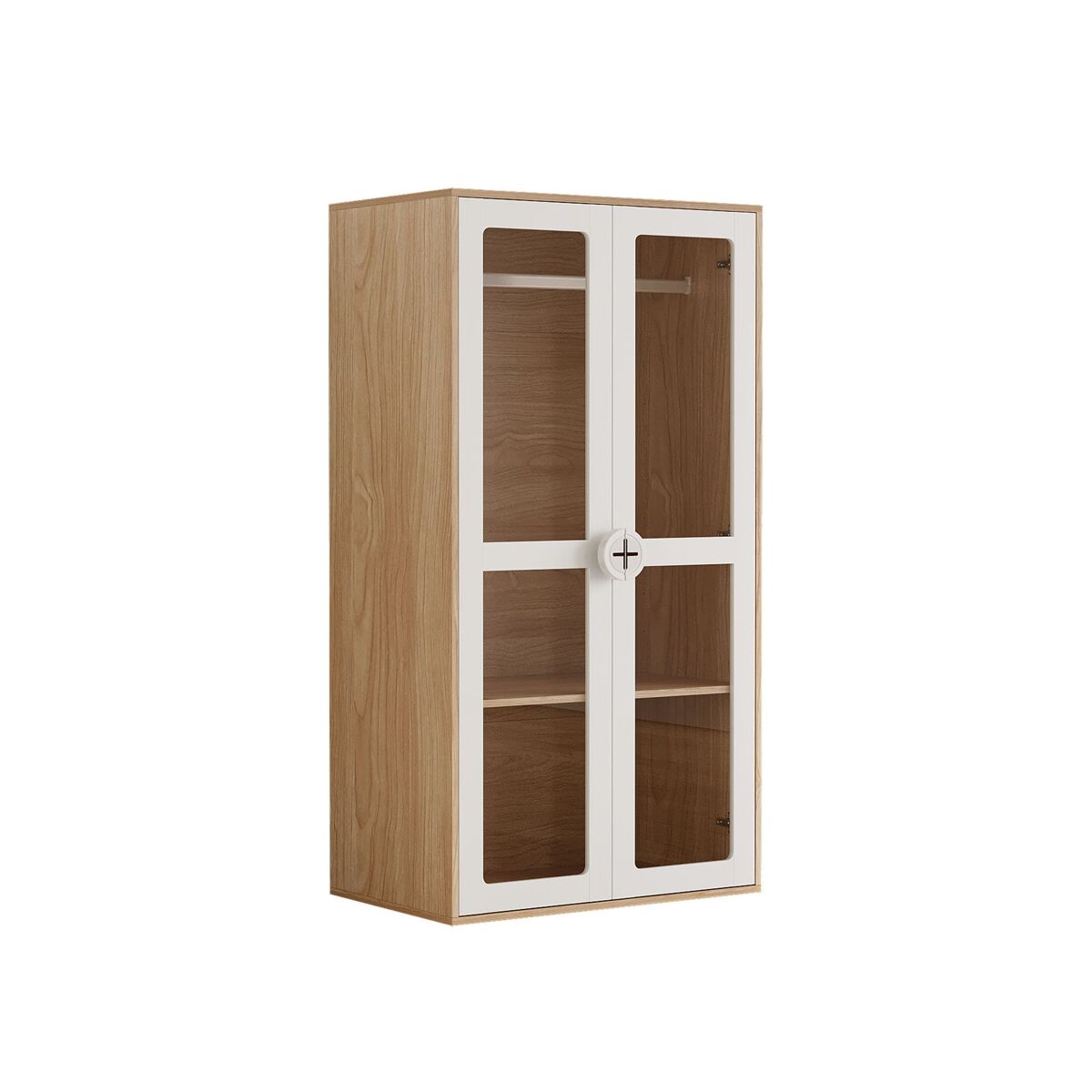 Armário infantil 80x50x150 cm - 2 portas, prateleiras ajustáveis, puxadores em madeira - natural+branco