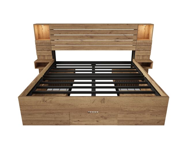 Cama de casal 180x200 cm - led, usb, mesas de cabeceira suspensas, arrumação debaixo da cama - carvalho