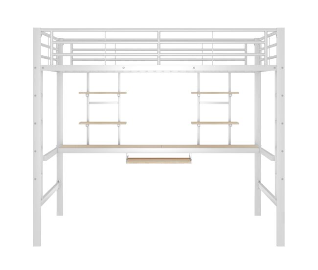 Cama alta 140x200 - com secretária e 2 estantes, metálica - branca
