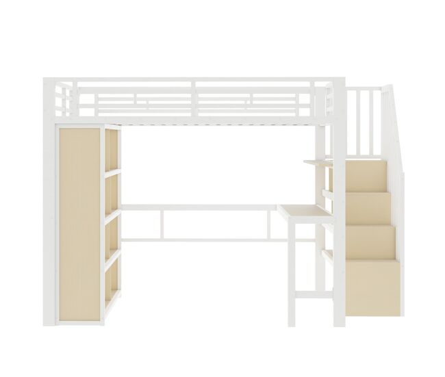 Cama alta 140x200 - com secretária, prateleira, led e escada com arrumação - branco