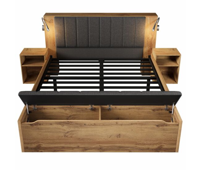 Cama de casal 160x200 cm - com arrumação, cabeceira rebatível, usb e colchão - carvalho