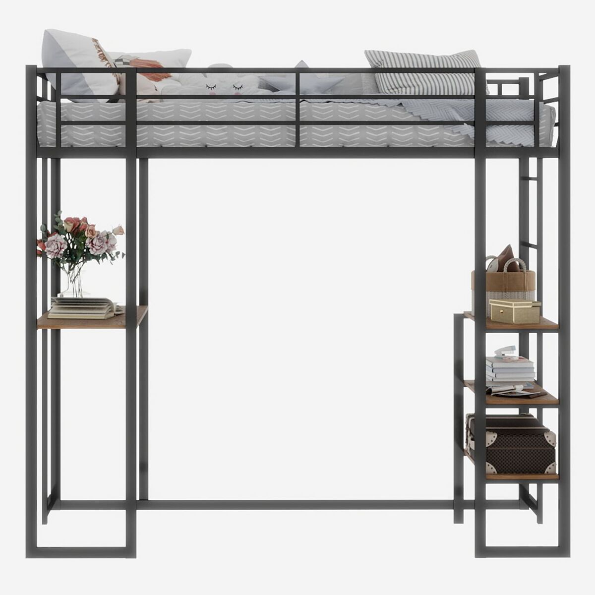 Cama infantil de ferro com secretária em l e escada reversível com corrimão - preto