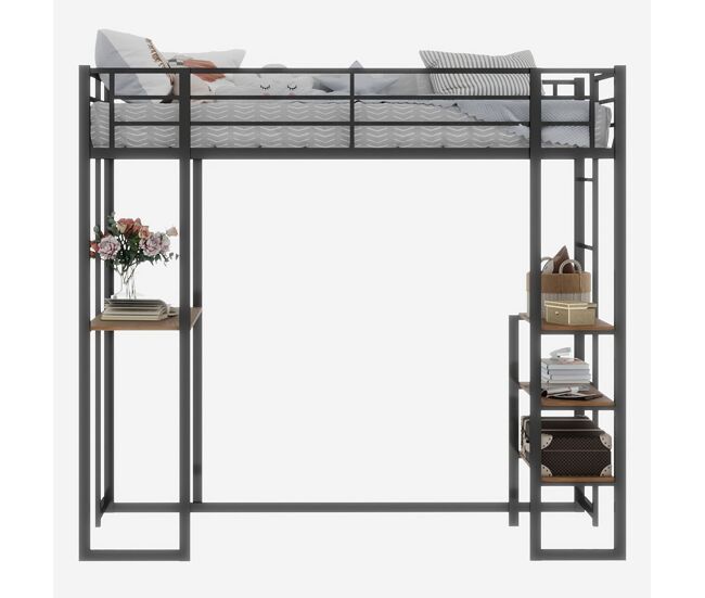 Cama infantil de ferro com secretária em l e escada reversível com corrimão - preto