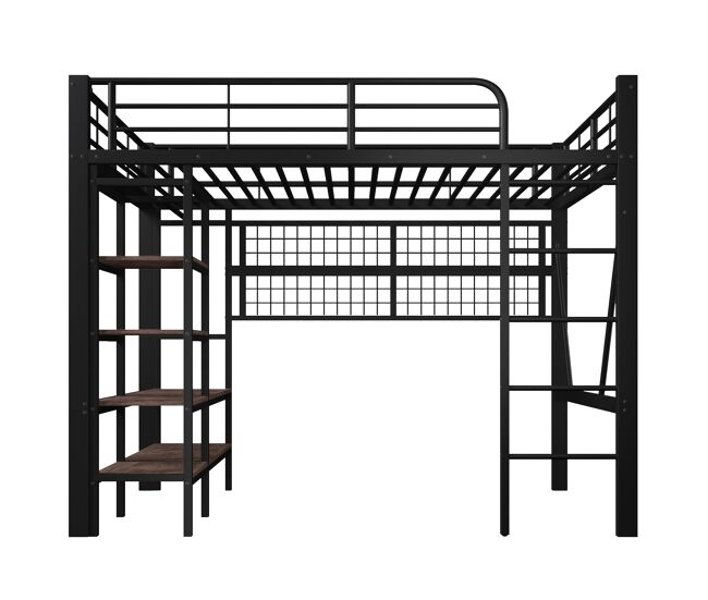 Cama alta 140x200 cm - estrutura metálica, prateleira, barra para roupa, espaço aberto, iluminação led - preto