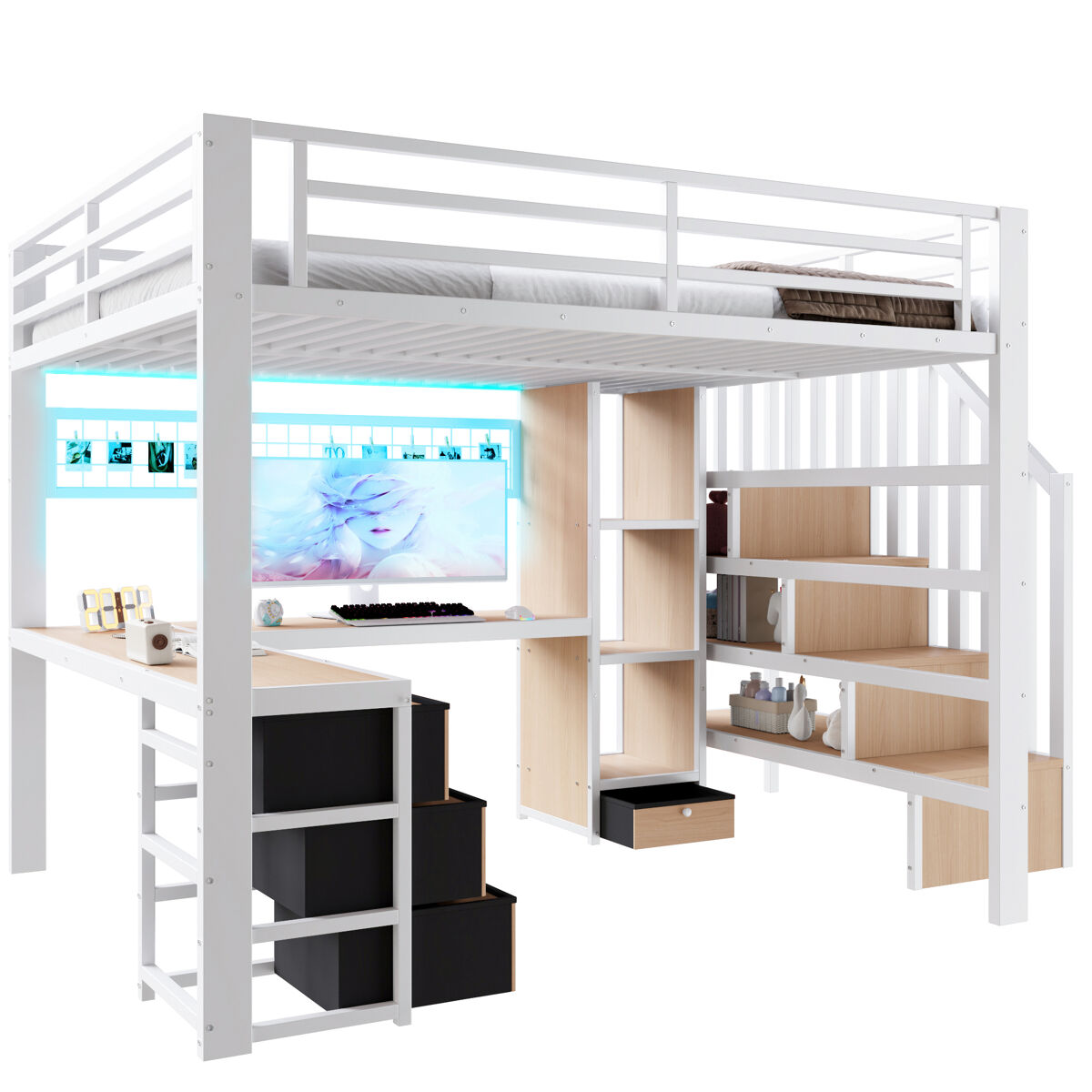 Cama alta, 140x200 cm - estrutura metálica, 4 gavetas, secretária, led, arrumação - branco