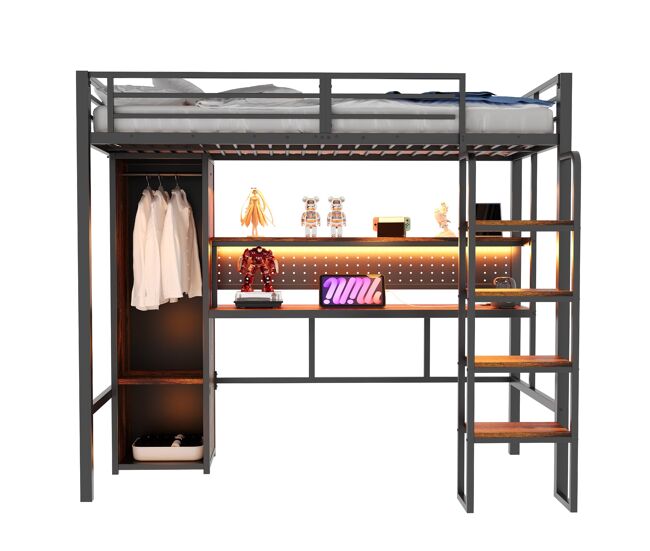 Cama alta metálica 90x200 - secretária, armário, led e estante - preto