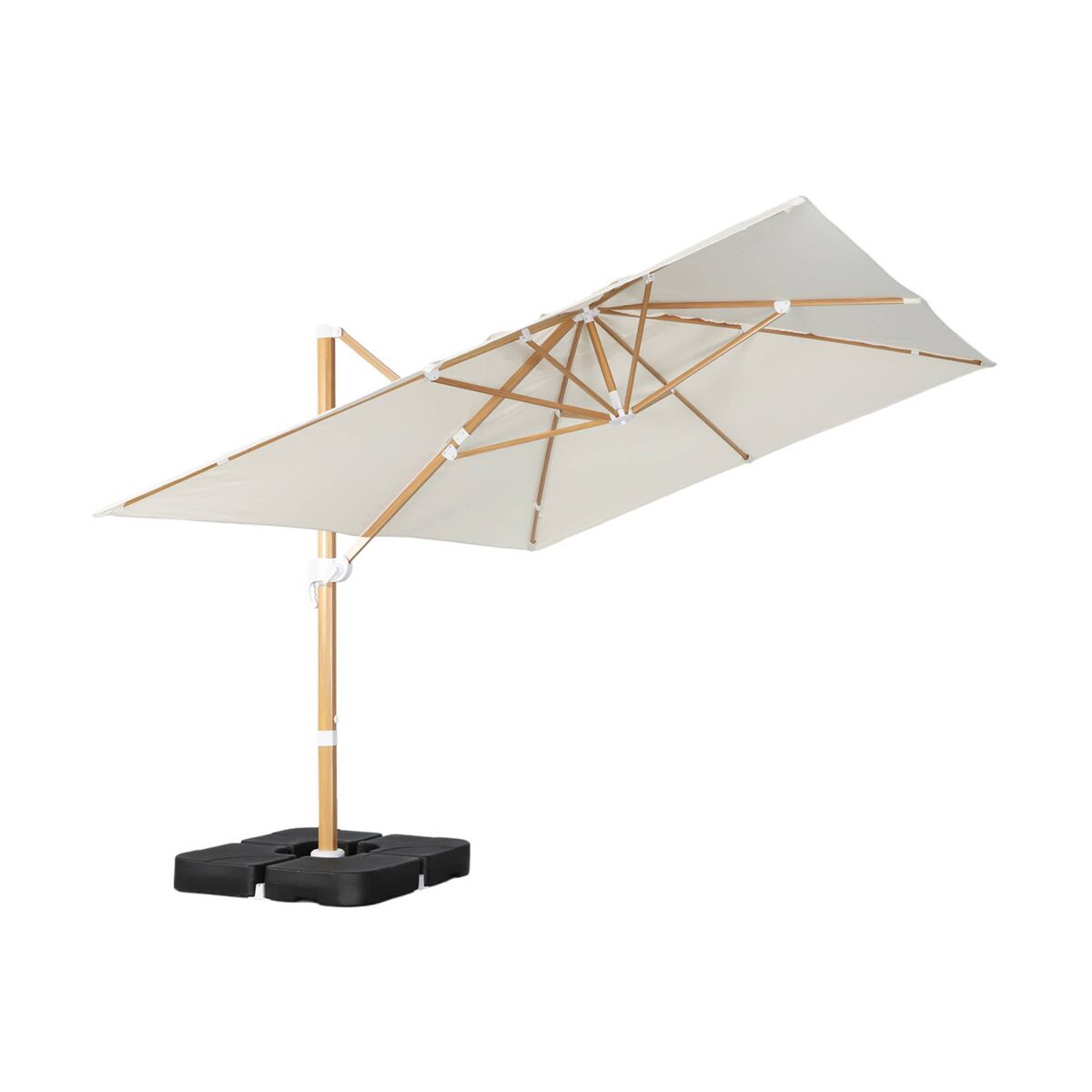 Guarda-sol retangular excêntrico com mastro efeito madeira, 3x4m + placas de peso 50x50cm, wimereux + placas de peso, cru, 380x259x286 cm
