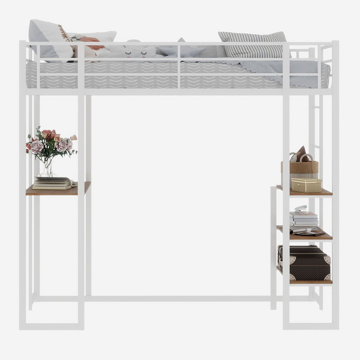 Cama infantil com secretária l - estrutura em ferro, grade e escada - branco