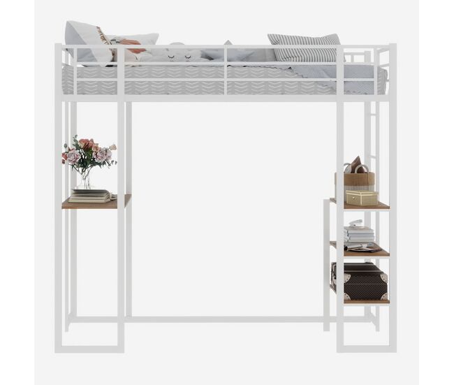 Cama infantil com secretária l - estrutura em ferro, grade e escada - branco