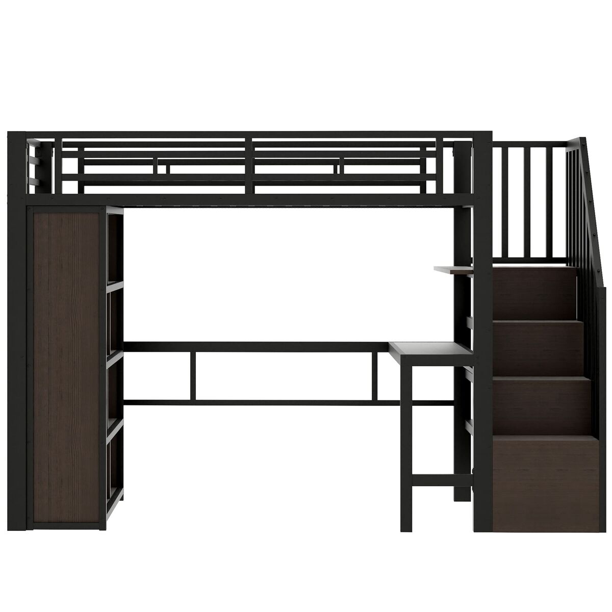 Cama alta 90x200 cm - estrutura de ferro com secretária, prateleira, led e escada com arrumação - preto