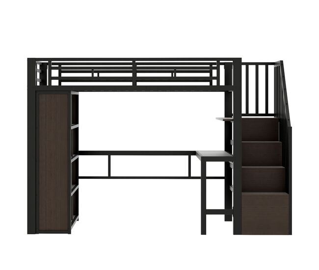 Cama alta 90x200 cm - estrutura de ferro com secretária, prateleira, led e escada com arrumação - preto