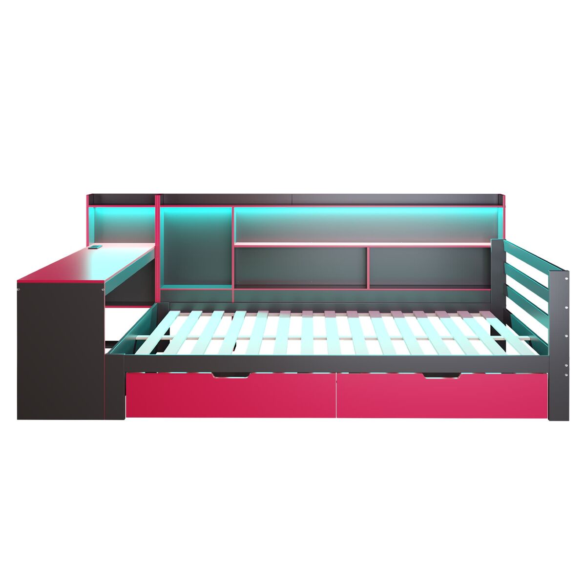 Sofá-cama em madeira 140x200 cm - secretária, estantes, iluminação e tomadas - preto+vermelho