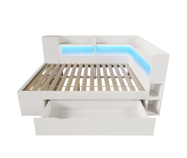 Cama funcional 140x200 cm - led, usb/tipo-c, arrumação e prateleiras - branco