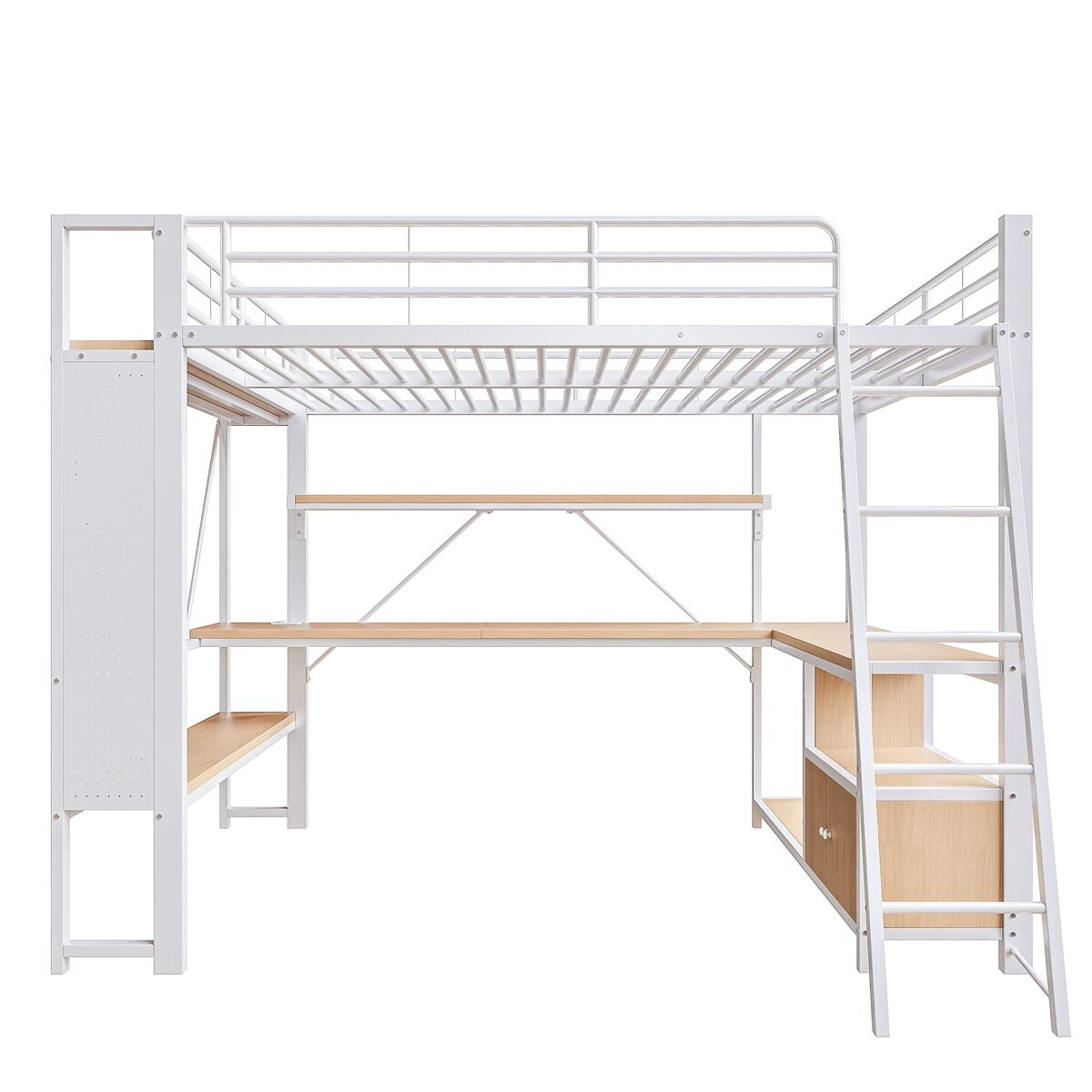 Cama alta 140x200 - estrutura metálica, led, secretária, prateleiras, arrumação, usb - branco