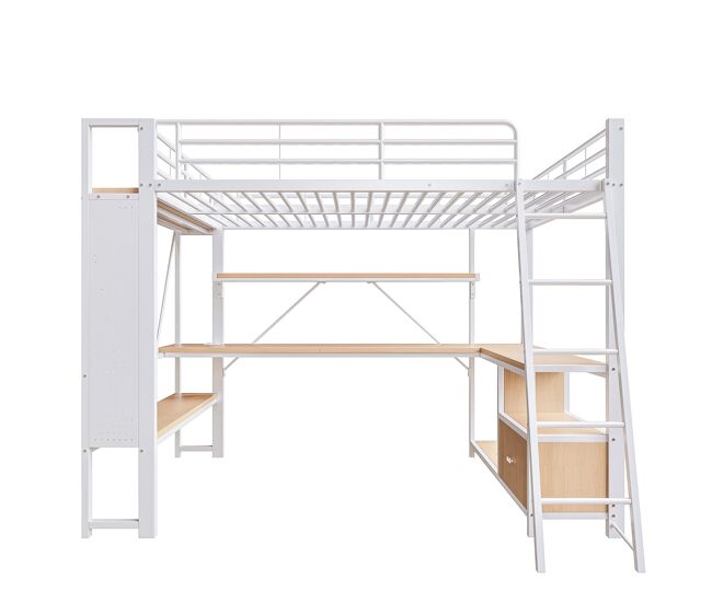 Cama alta 140x200 - estrutura metálica, led, secretária, prateleiras, arrumação, usb - branco