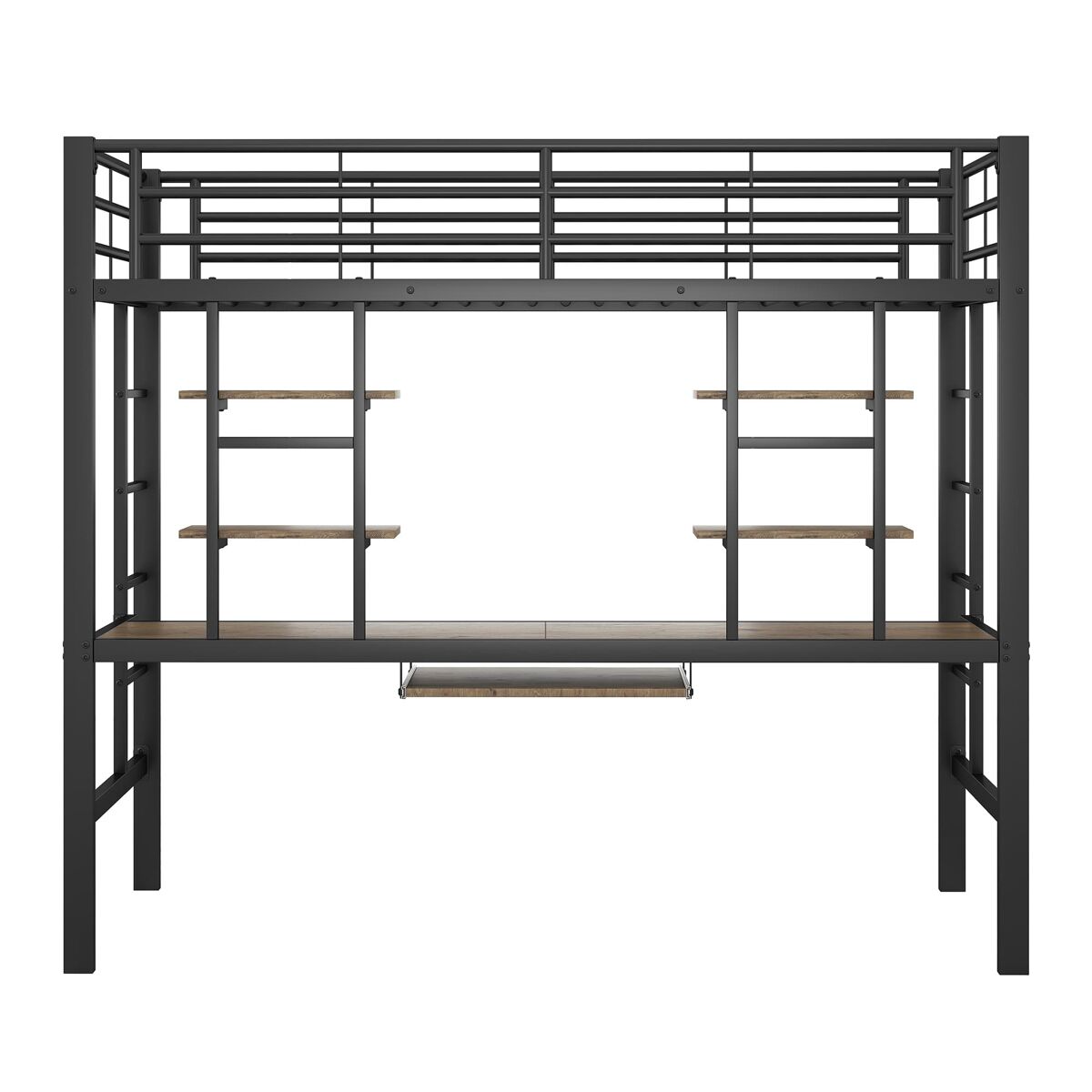 Cama alta 90x200 cm - metal, secretária e 2 estantes integradas - preto