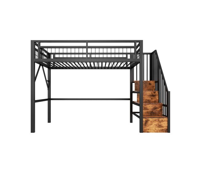 Cama alta 90x200 cm - estrutura em ferro, led, escada com arrumação, espaço livre - preto
