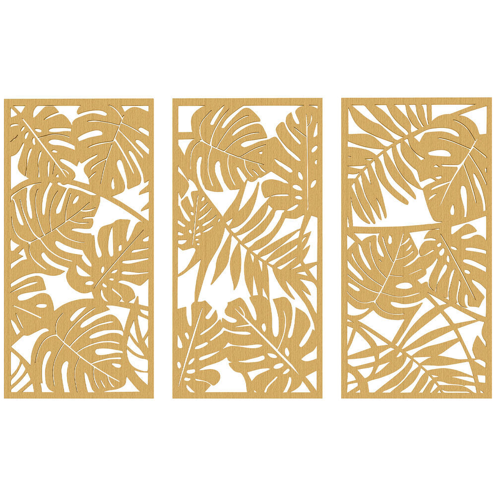 Homcom decoração de parede de madeira 3d 3 peças 40x80 cm adornos de parede com padrão de folhas tropicais arte moderna para sala quarto corredor