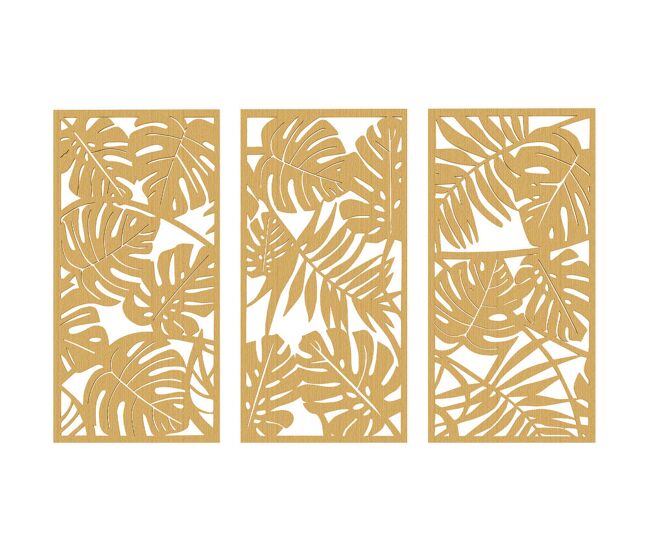 Homcom decoração de parede de madeira 3d 3 peças 40x80 cm adornos de parede com padrão de folhas tropicais arte moderna para sala quarto corredor