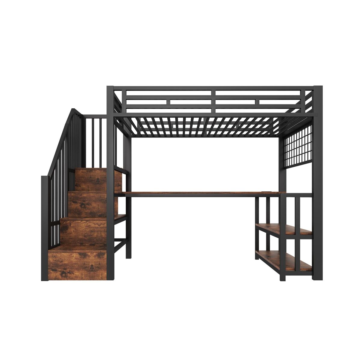 Cama alta 90x200 cm - estrutura em ferro, secretária, led, arrumação, usb - preto
