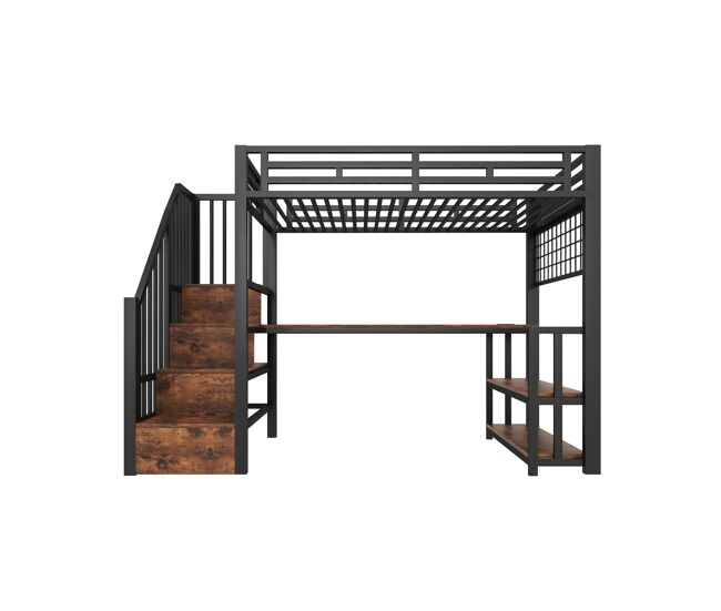 Cama alta 90x200 cm - estrutura em ferro, secretária, led, arrumação, usb - preto