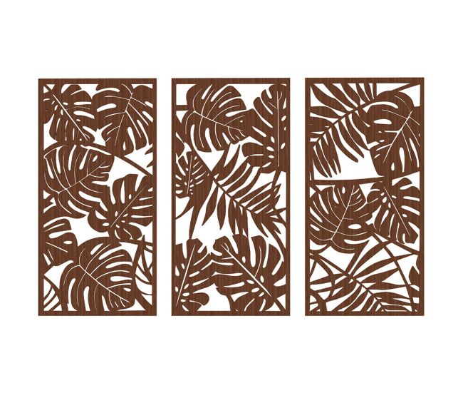 Homcom decoração de parede em madeira 3d 3 peças 40x80 cm adornos de parede com padrão de folhas tropicais arte moderna para sala quarto corredor