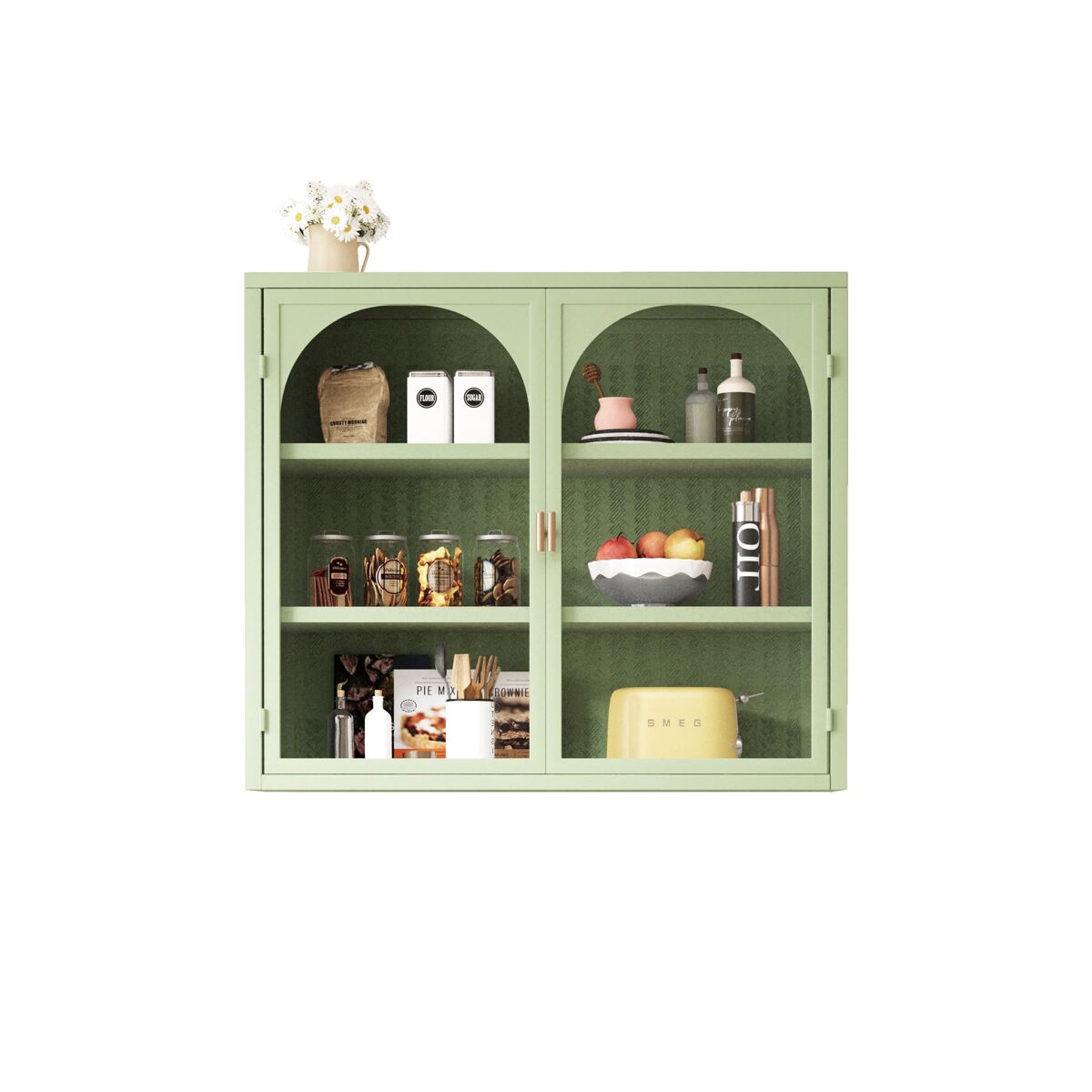 Armário de parede 70 cm - portas de vidro, 3 níveis de armazenamento, padrão trançado - verde