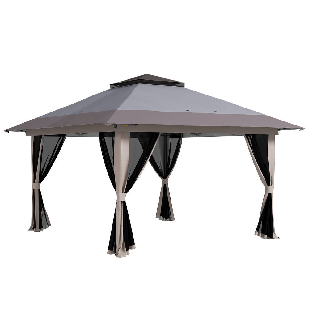 Outsunny tenda dobrável pop-up 4x4x2,8 m tenda de jardim com altura ajustável anti-uv impermeável telhado duplo redes mosquiteiras e bolsa com rodas