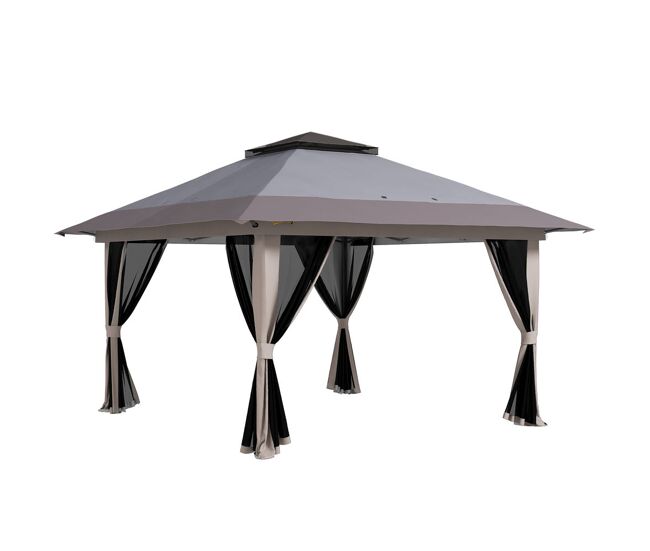 Outsunny tenda dobrável pop-up 4x4x2,8 m tenda de jardim com altura ajustável anti-uv impermeável telhado duplo redes mosquiteiras e bolsa com rodas