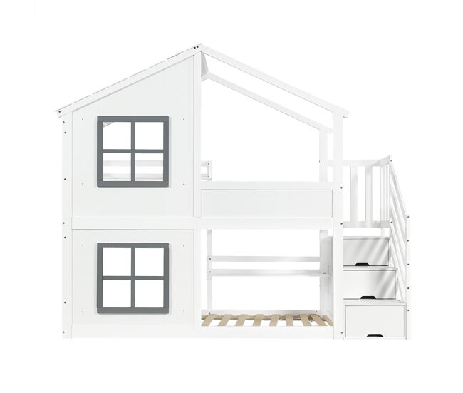 Beliche 90x200 cm - com janela e teto, escada com armário, madeira resistente - branco+cinza