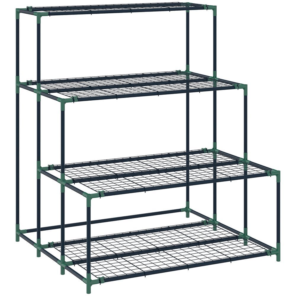 Outsunny suporte para plantas de 4 níveis estante para plantas de aço design em escada suporte para vasos para interior e exterior jardim varanda e pátio, 94x84x110 cm verde escuro