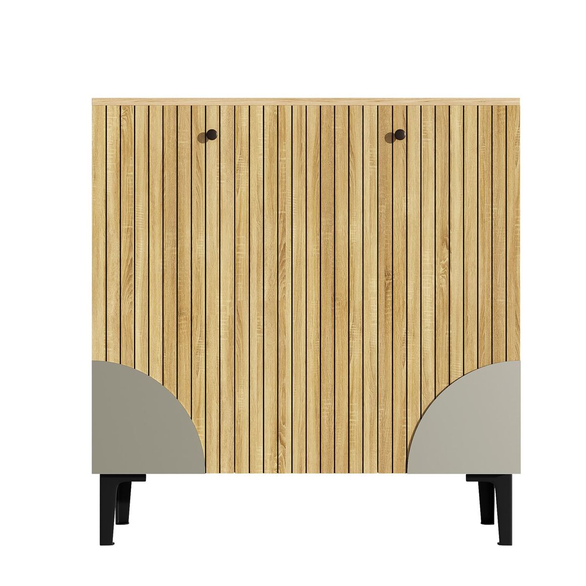 Sapateira moderna 90x32x94 cm - 3 portas, prateleira, estrutura preta, decoração cinzenta - madeira clara